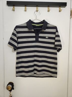 Lacoste Navy and Gray Striped Polo with Crocodile Logo